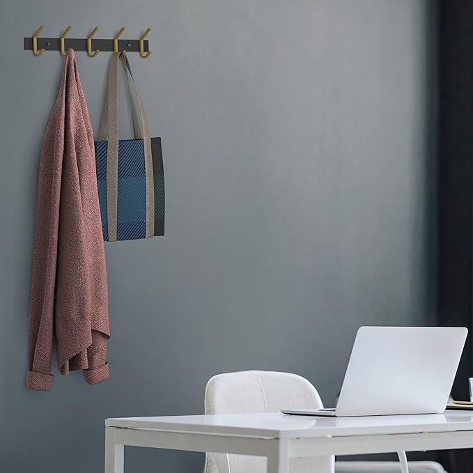 Coat Rack Wall Mount – Black and Gold Hook Rail with 5 Double Coat Hooks, 15 Inch Stainless Steel Wall Hooks for Entryway, Bathroom, Bedroom, Closet, Towel, Hat, Bag, Heavy Duty Organizer