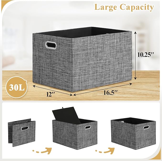 Posprica Closet Storage Bins, 4 Pack Large Closet Shelf Organizers, Linen Fabric Decorative Storage Baskets for Organizing, Foldable Storage Box for Clothes, Toy, 16.5x12x10.25 Inch (Black)