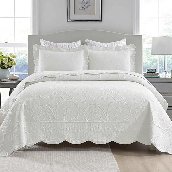 MarCielo 3-Piece 100% Cotton Oversized Bedspread Lightweight Quilt Coverlet Embroidery Farmhouse Bedding Set (TX Bright White, Oversized King (118"x106"))