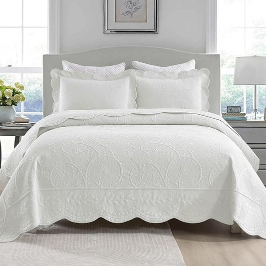 MarCielo 3-Piece 100% Cotton Oversized Bedspread Lightweight Quilt Coverlet Embroidery Farmhouse Bedding Set (TX Bright White, Oversized King (118"x106"))