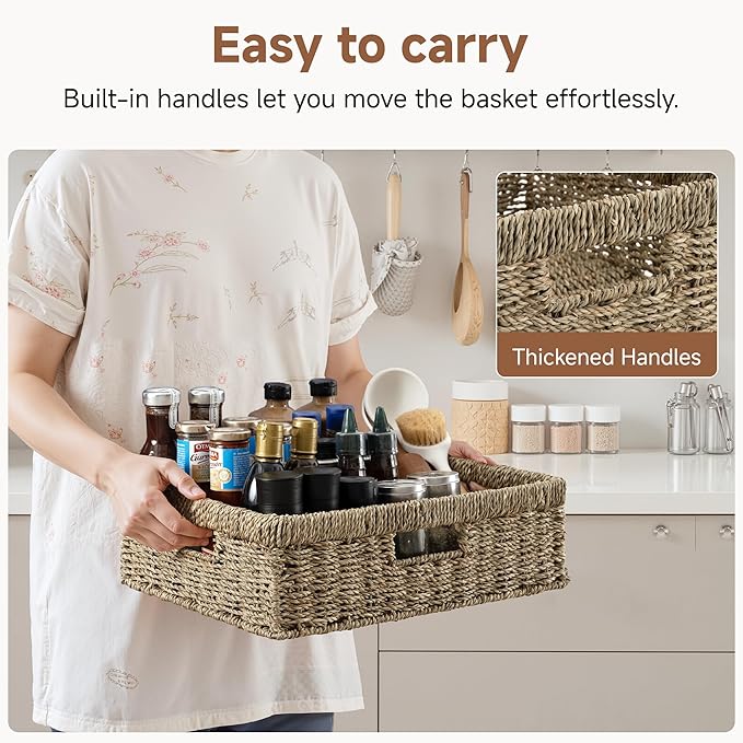StorageWorks Pantry Baskets, Wicker Storage Baskets for Organizing, Shelves, Pantry Organizers and Storage, Seagrass, 15½"L x 11¾"W x 4 ¾"H