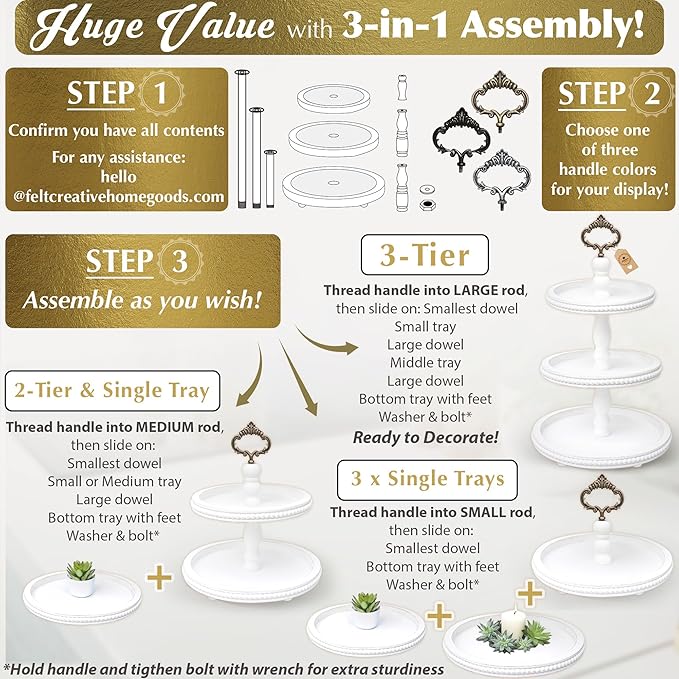 [3-in-1] Wooden Tiered Tray Stand - Beaded 3 Tiered Tray Decor Wood Cupcake Stand for Farmhouse Country Rustic Home - 3 Tier Stand [with 3 Changeable Handles] by Felt Creative Home Goods (White)