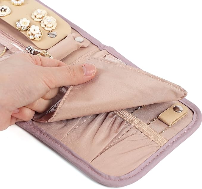 BELALIFE Travel Jewelry Case Organizer, Small Foldable Storage Roll for Earrings, Necklaces, Rings, Bracelets, Brooches, Peach-Pink