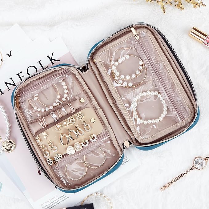 NISHEL Travel Jewelry Case, Holiday Organizer for Necklaces, Earrings, Rings, Bracelets, Watch, Lake-Blue