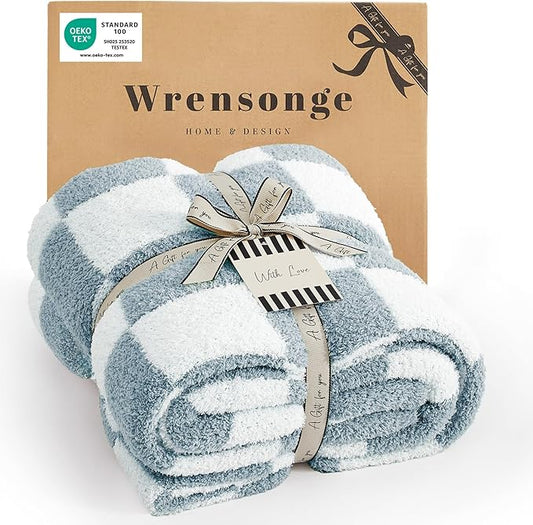 WRENSONGE Checkered Throw Blanket, Grey Blue Soft Cozy Fluffy Warm Hand Made Throw Blankets for Couch, Sofa, Chair, Bed, Camping, Picnic, Travel Lightweight Bed Blanket - 50"*70"