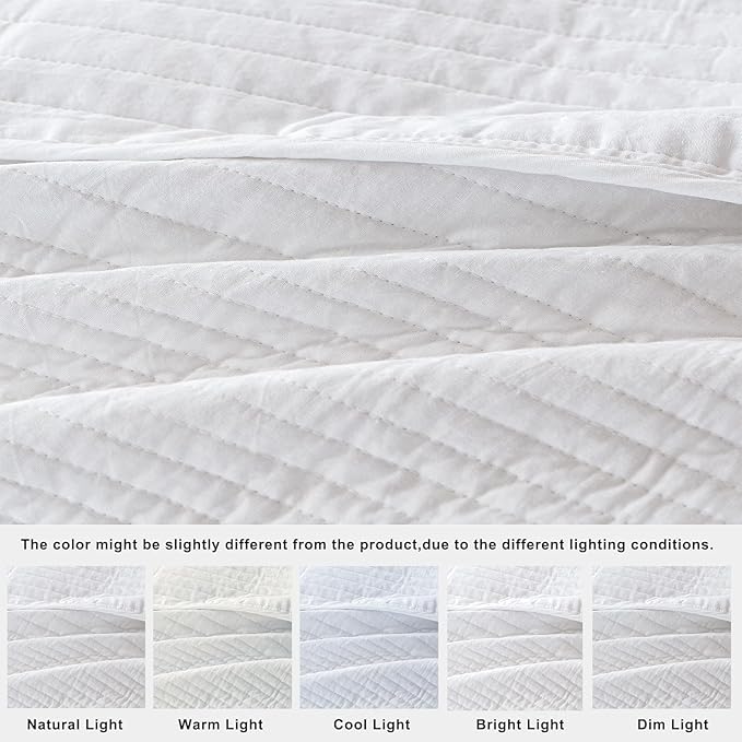 100% Cotton Queen Quilt Set 3-Piece,Lightweight and Textured Bedspread Coverlet & 2 Pillow Shams,All-Season Lightweight Queen Comforter Bedding Set（White）