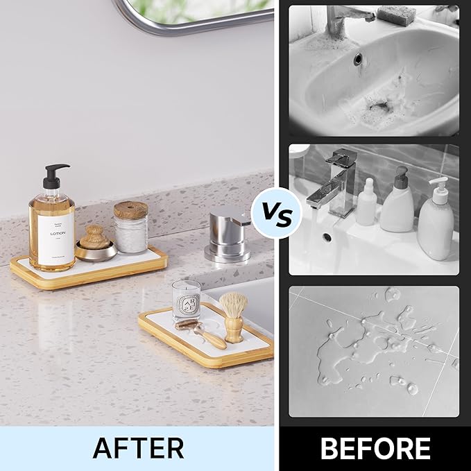 Water Absorbing Stone Tray for Sink, Fast Drying Diatomite Stone with Bamboo Sink Tray, Stone Drying Mat for Bathroom and Kitchen Counter, Bathroom Countertop Tray