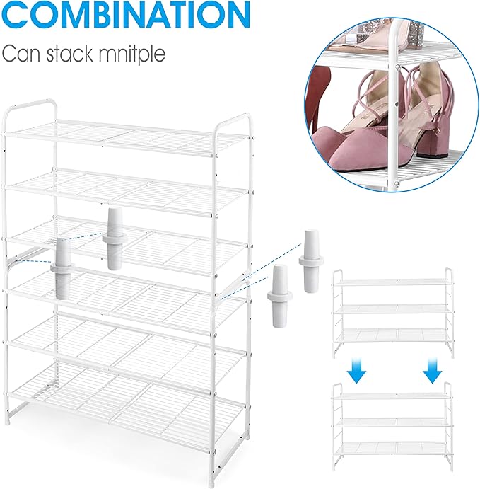 Simple Trending 3-Tier Stackable Shoe Rack, Expandable & Adjustable Shoe Shelf Storage Organizer, Wire Grid, White