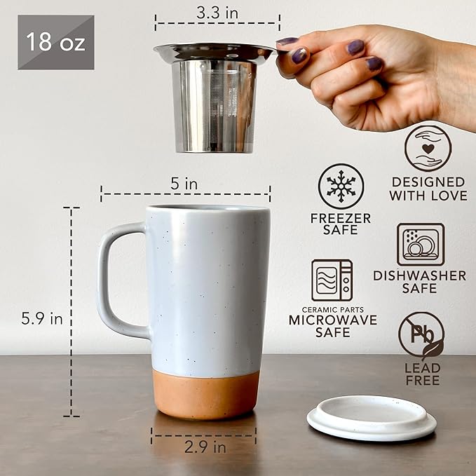 Mora Ceramics Large Tea Mug with Loose Leaf Infuser and Ceramic Lid, 18 oz, Portable, Microwave and Dishwasher Safe, Tall Coffee Cup - Rustic Matte Ceramic Glaze, Modern Herbal Tea Strainer, Sleet