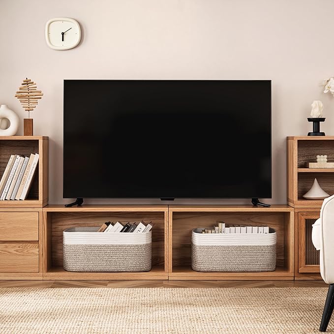 UBBCARE 2 Pack Large Woven Storage Baskets for Organizing, Clothes/Towel/Sweater Organizer for Closet, Storage Baskets Bins for Shelves, Blanket Basket, 17''Lx13''Wx7.5''H, Light Brown/White