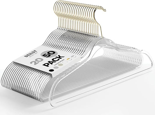 DEILSY™ Clear Hangers 50 Pack with Gold Hook - Non Velvet Slim Hangers - Durable Hanger Space Saver for Closet Organization, Shirts, Dresses, Jackets, Pants, Adult Clothes Storage Solution