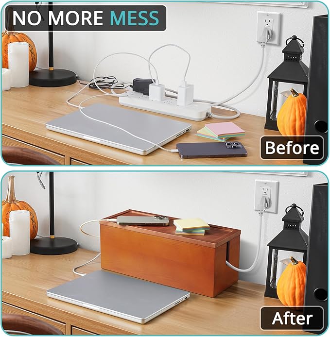 Large Cable Management Box, Wooden Cord Organizer Box for Desk, Floor, Office to Hide Extension Cords Power Stripes Surge Protectors Chargers Wires, Red Brown