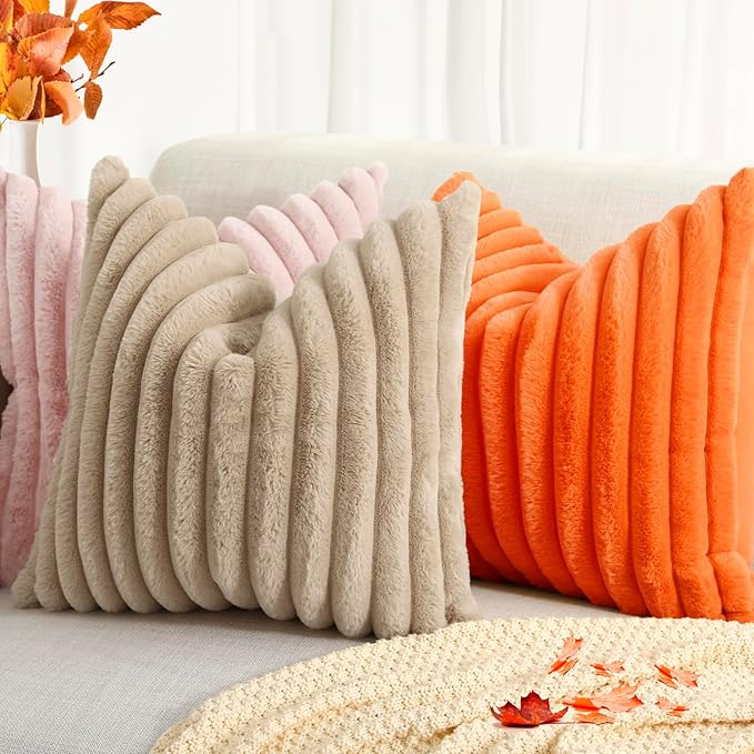 decorUhome Faux Fur Spring Throw Pillow Covers 16x16 Set of 2, Decorative Soft Plush Striped Neutral Couch Pillow Covers with Velvet Back for Sofa, Bed, Living Room Home, Orange