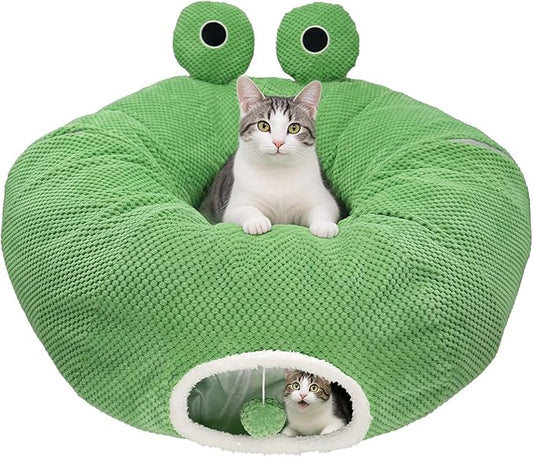 Cat Tunnel Bed for Indoor Cats, Peekaboo Cat Cave Bed,Soft Cat Donut Tunnel for Kitten Large Cats, Cute Frog Shaped