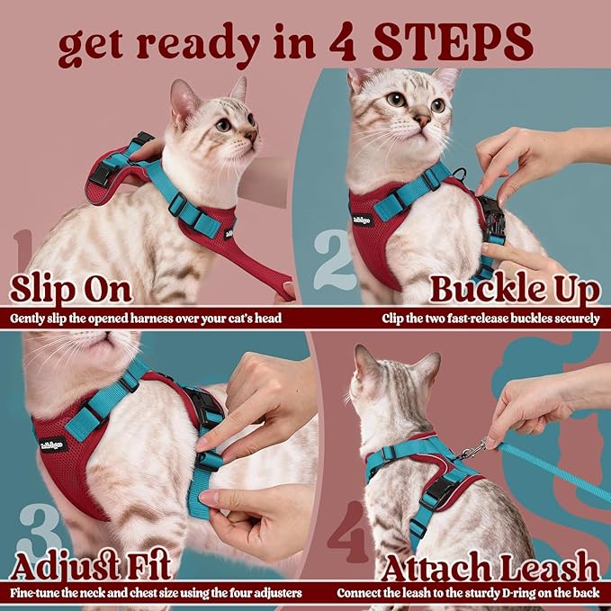 rabbitgoo Cat Harness and Leash for Walking, Escape Proof Soft Adjustable Vest Harnesses for Cats, Easy Control Breathable Reflective Strips Jacket, Red & Teal, M