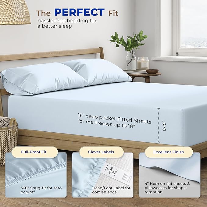 THREAD SPREAD 100% Egyptian Cotton Sheets Sets Full Size - 600 Thread Count Sheets 4 PC 16" Deep Pocket Full Size Sheets Set, High Thread Count Soft Cooling Sateen Hotel Luxury Sheets Set - Light Blue