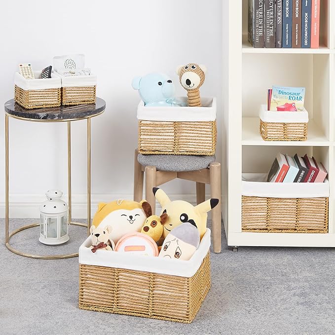 Vagusicc Wicker Storage Basket, 6 Pack Baskets for Organizing, Wicker Baskets with Handle, Rectangular Woven Basket for Storage Shelves, Cube Storage Bins for Closet/Clothes/Dresser, Natural