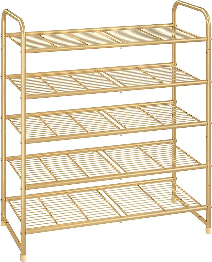 Simple Trending 5-Tier Stackable Shoe Rack, Expandable & Adjustable Shoe Organizer Storage Shelf, Wire Grid, Golden Yellow