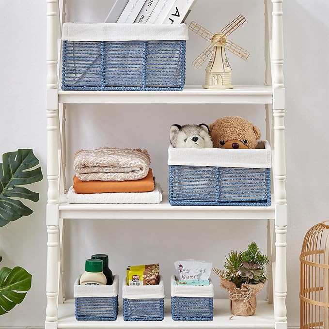 Vagusicc Wicker Storage Basket, Hand-Woven Paper Rope Wicker Baskets, Rectangular Small Wicke Baskets for Organizing, Cube Storage Bins for Closet/Clothes/Dresser, Blue, 5-Pack