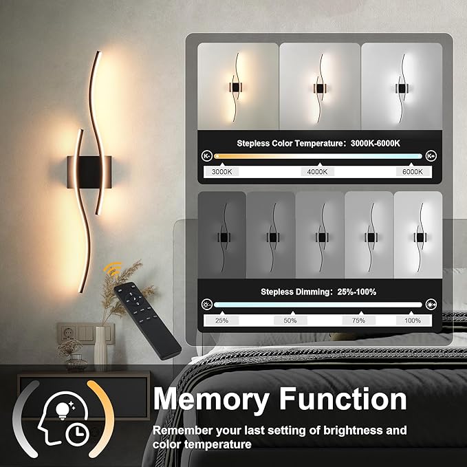 Battery Operated Wall Sconces Set of Two with Remote Control, Dimmable/3 Color/Night-Light/Timer/Memory, Black Modern Wireless LED Sconce for Living Room, Hallway, Bedroom, 27.5 Inch (2 Pack)