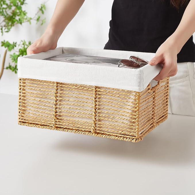 Vagusicc Wicker Storage Basket, 6 Pack Baskets for Organizing, Wicker Baskets with Handle, Rectangular Woven Basket for Storage Shelves, Cube Storage Bins for Closet/Clothes/Dresser, Natural