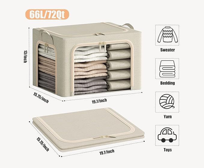 3 Opeings Large Clothes Storage Bins with Metal Frame, Foldable Storage Bin for Clothes, Clothing Storage Bins with Lid, Linen Storage Box With Clear Window＆ Zippers＆ Durable Handles.(3 Pcs,Beige,66L)