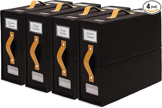 Sheet Organizers and Storage Bags for Bed Sheets, Linen, Blankets, Bedding - Under Bed or Closet Storage Boxes with Dual Handles and Organization Labels - (Black, 4-pack)