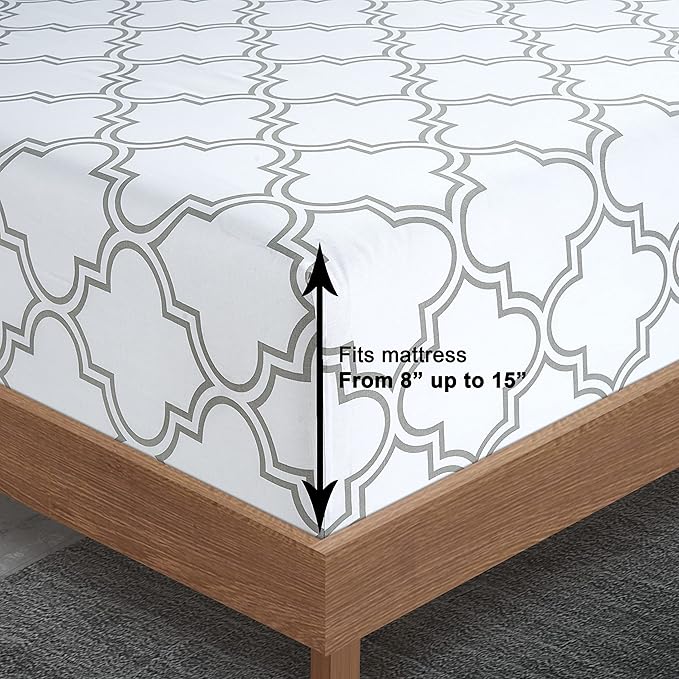 LANE LINEN Twin XL Fitted Sheet, 100% Organic Cotton 2-Piece Set (1 Fitted Sheet,1 Pillowcase),Percale Weave,Bottom Sheet, Soft, Breathable,Fits Mattress Upto 15" Deep - Trellis Silver(No Flat Sheet)