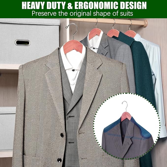 Amber Home 5 Pack American Red Cedar Wood Coat, Suit Hangers with Extra Wide Shoulder, Wooden Jacket Clothes Hanger Smooth Deluxe Aromatic Natural Cedar with Non Slip Velvet Pant Bar