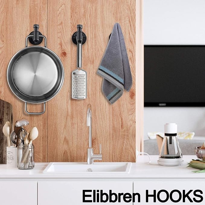 Elibbren 2 Pack Vintage Bathroom Robe and Towel Wall Hooks for Hanging, Rustic Style Industrial Iron Pipe Coat Hook Wall Mounted Heavy Duty Farmhouse DIY, Mounting Hardware Included