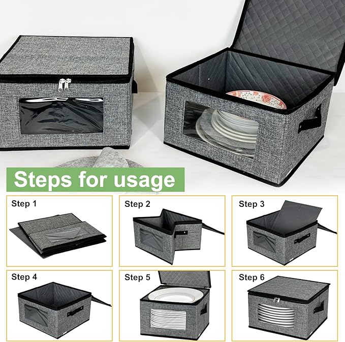 China Storage Containers, 12 Inch Dish Dinner Plate Storage Containers, Hard Shell Quilted Dinnerware Storage Box Case with Lids and Felt Protectors for Dishes Plates Storage and Moving (Dark Grey)