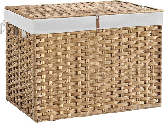 240L Wicker Storage Basket with Lid, Handwoven Rattan Large Shelf Basket with Removable Liner, 47.6 Gallon Wicker Basket for Blanket, Storage Trunk with Handle for Closet, Bedroom, Livingroom, Natural