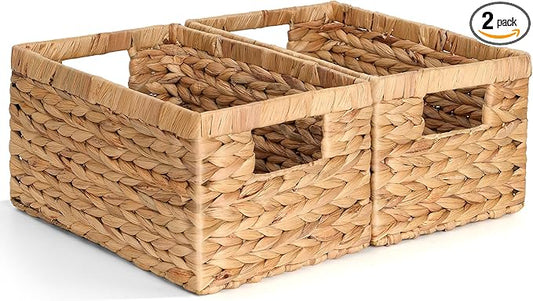 Set of 2 Wicker Shelf Storage Baskets for Organizing - Natural Durable Water Hyacinth Woven Basket Pantry Bin Organizers for Shelves with Handles for Home & Decor Organization, 12.5” x 8” x 6.5”