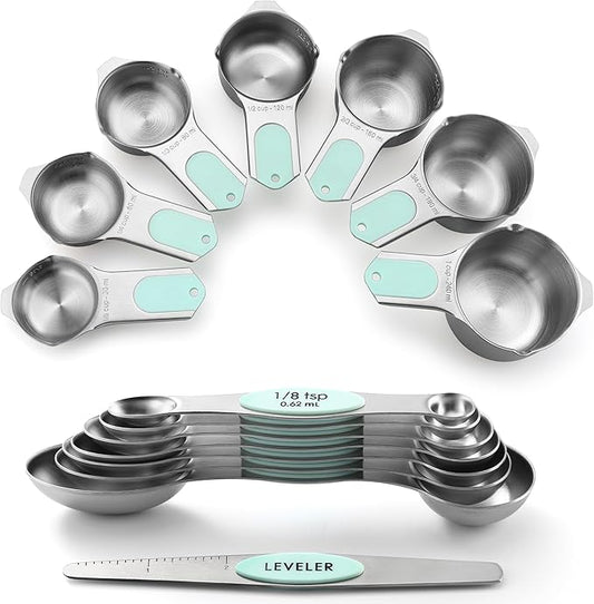 Spring Chef Magnetic Measuring Cups & Spoons Set, Patented, Strong N45 Magnets, Heavy Duty Stainless Steel Fits in Spice Jars for Baking & Cooking, BPA Free, Round Set of 15 with Leveler, Mint