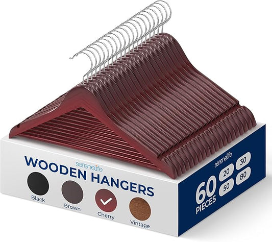 SereneLife 60-Pack Wooden Hangers Cherry Finish – Heavy Duty Suit & Clothes Hangers with Non-Slip Notches, Pants Bar, 360° Swivel Chrome Hook, 10 lb Capacity, Space Saving Closet Organization