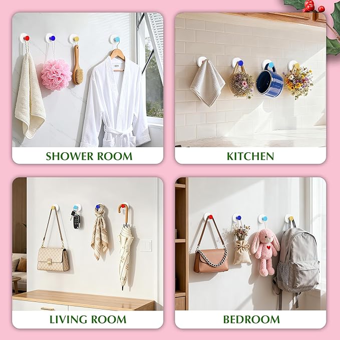 Suction Cup Hooks for Shower No-Drill Bathroom Hooks for Towels, Robes, Loofah Mountable on Bathroom Walls, Kitchen, Glass, Mirrors, Tile and Smooth,Non-Porous Surfaces (2, Blue White)