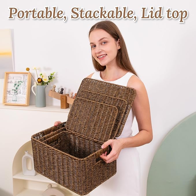 Baskets with Handles, Wicker Storage, Shelf Boxes for Organizing, Stackable Woven Bins, Decorative Lidded Resin, Set of 3, Toffee