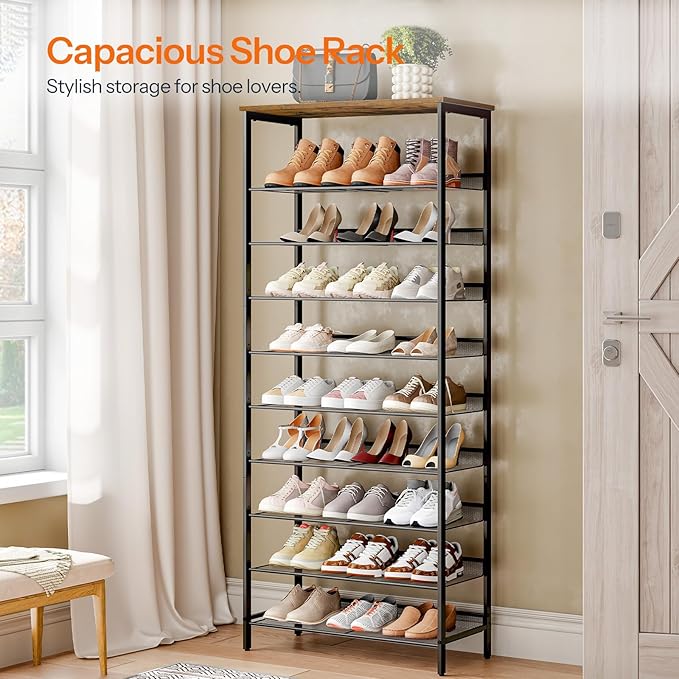 HOOBRO 10-Tier Shoe Rack, 29.5"L Shoe Shelf, Large Capacity Shoe Storage Organizer for 27+ Pairs of Shoes, Front Door Entrance, Entryway, Hallway, Closet, Space Saver, Rustic Brown and Black BF110XJ01