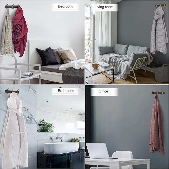 Small Coat Rack Wall Mount – Black and Gold Hook Rail with 3 Double Coat Hooks, 9 Inch Stainless Steel Wall Hooks for Entryway, Bathroom, Bedroom, Closet, Towel, Hat, Bag, Heavy Duty Organizer