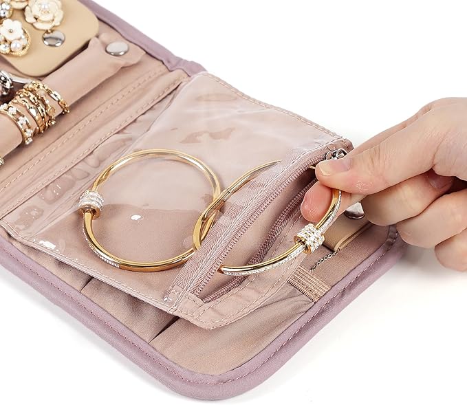 BELALIFE Travel Jewelry Case Organizer, Small Foldable Storage Roll for Earrings, Necklaces, Rings, Bracelets, Brooches, Peach-Pink