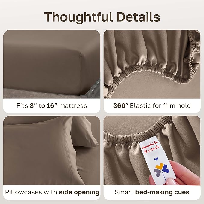 California Design Den 600 Thread Count Sheets King, 100% Cotton Sheet, Sateen, King Size Bed Sheets, Soft, Cooling, Hotel-Quality Bedding with Deep Pockets (Mushroom - Taupe Brown)