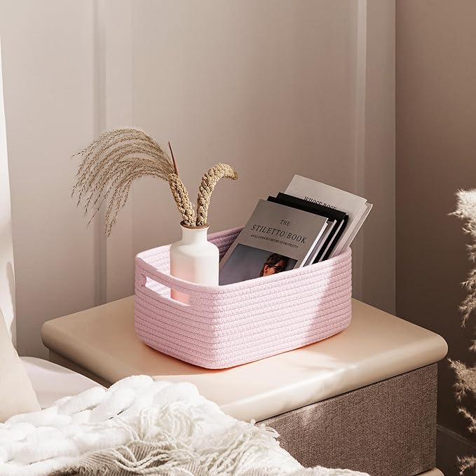 UBBCARE 4 Pack Small Basket, Woven Storage Basket for Oganizing, Small Gift Basket, Dog Toy Basket, Cute Decorative Cotton Rope Basket Storage Bins, 12''Lx8''Wx4.7''H, Pink