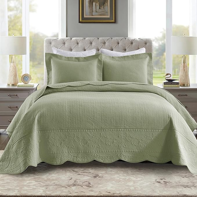 MarCielo 3-Piece 100% Cotton Oversized Bedspread Lightweight Quilt Coverlet Embroidery Farmhouse Bedding Set (TG Pale Green, Oversized Queen (100"x106"))