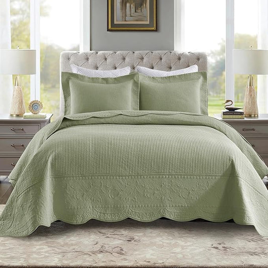 MarCielo 3-Piece 100% Cotton Oversized Bedspread Lightweight Quilt Coverlet Embroidery Farmhouse Bedding Set (TG Pale Green, Oversized Queen (100"x106"))