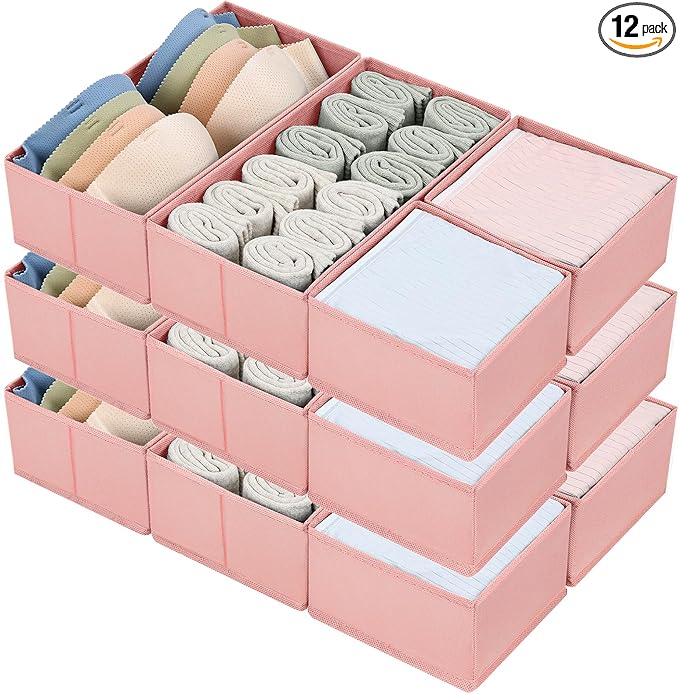 DIMJ Drawer Organizers - Set of 12 Fabric Closet Organizers and Storage, Drawer Dividers for Baby Clothes, Socks, Belt, Tie (Pink)