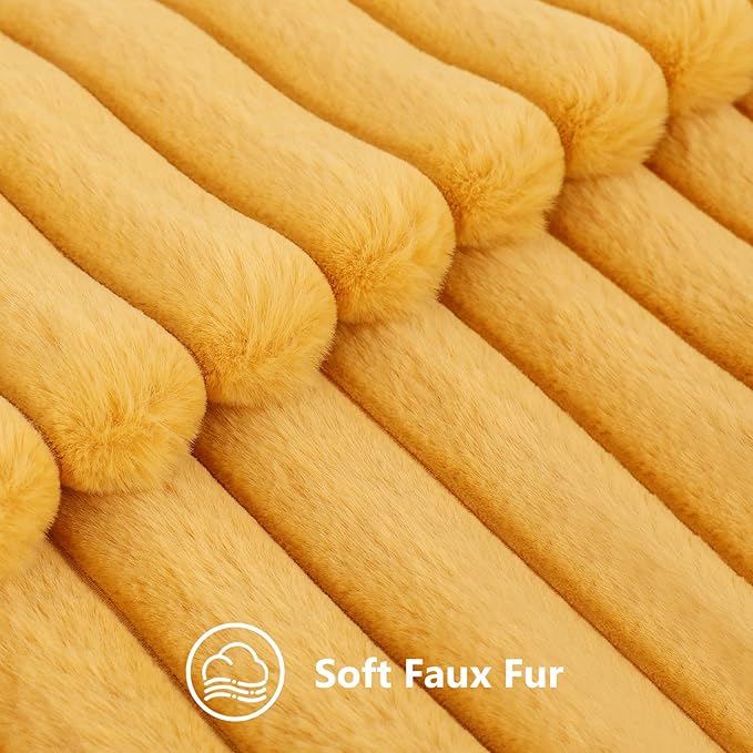 decorUhome Faux Fur Spring Throw Pillow Covers 24x24 Set of 2, Decorative Soft Plush Striped Neutral Couch Euro Sham Pillow Covers with Velvet Back for Sofa, Bed, Living Room Home, Mustard Yellow