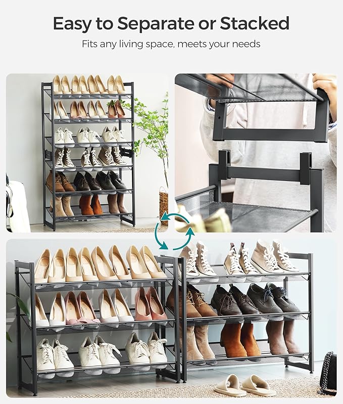 SONGMICS Shoe Rack, 6-Tier Shoe Organizer, Metal Rack for Garage, Set of 2, 3-Tier Stackable Shelf, with Adjustable Flat or Angled Shelves, 18-24 Pairs, Charcoal Gray ULMR003G02