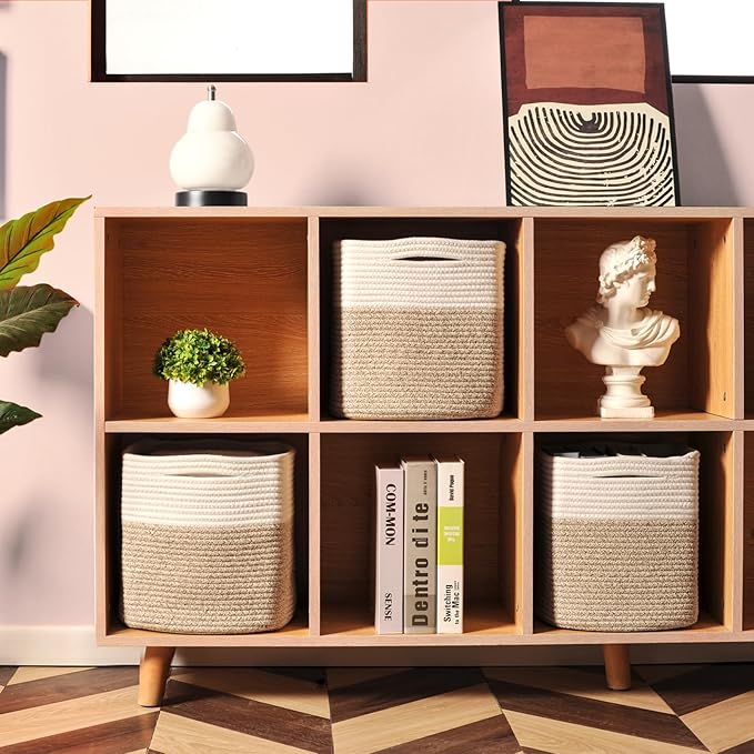 13 Inch Cube Closet Storage Bins, Woven Cotton Rope Organizer Baskets for Organizing & Shelves, Books, Towels, Clothes, Toys, 13x13x13 in, Off White & Brown (Pack of 3)