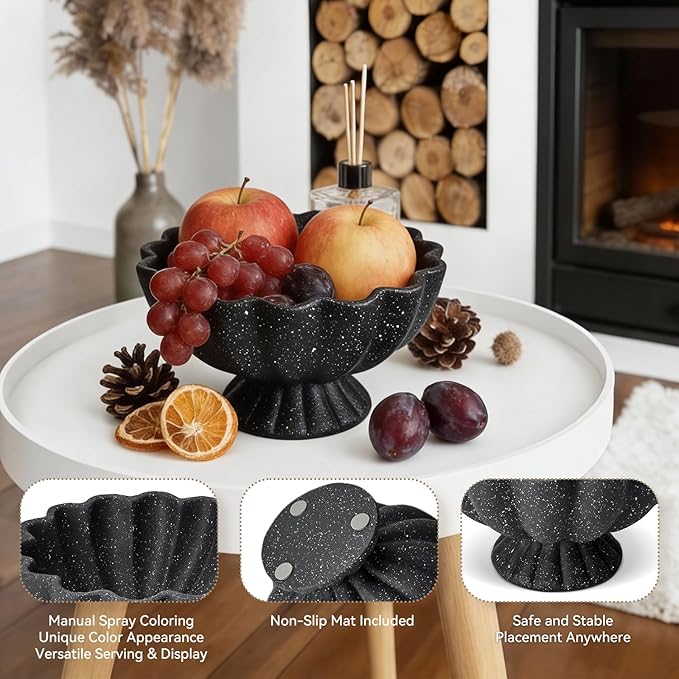 Pedestal Decorative Bowl Home Decor - Morden Resin Handmade Decorative Fruit Bowl for Kitchen Counter, Chic Ruffle Bowl Centerpiece Decor for Dining Table Coffee Table (Starry Black