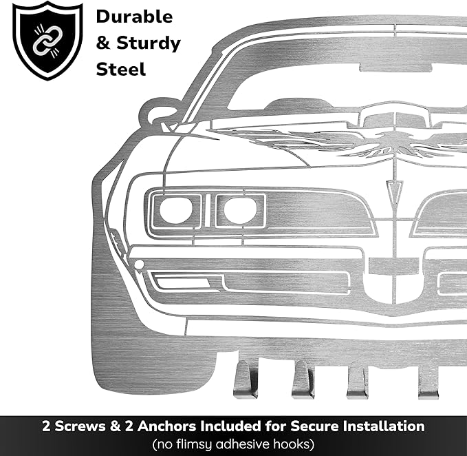 MOOH Key Holder for Wall - Metal Automotive Key Holder With 6 Hooks - Unique Car Gift for Men, Women, Car Lovers & Enthusiasts - Cool Man Cave Decor (Pontiac Firebird 1977, Stainless Steel)